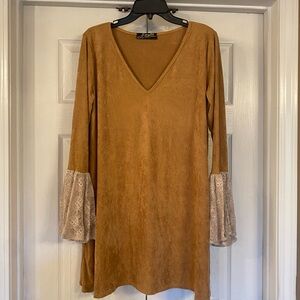 Camel suede like mini dress with flutter lace beige cuffs.